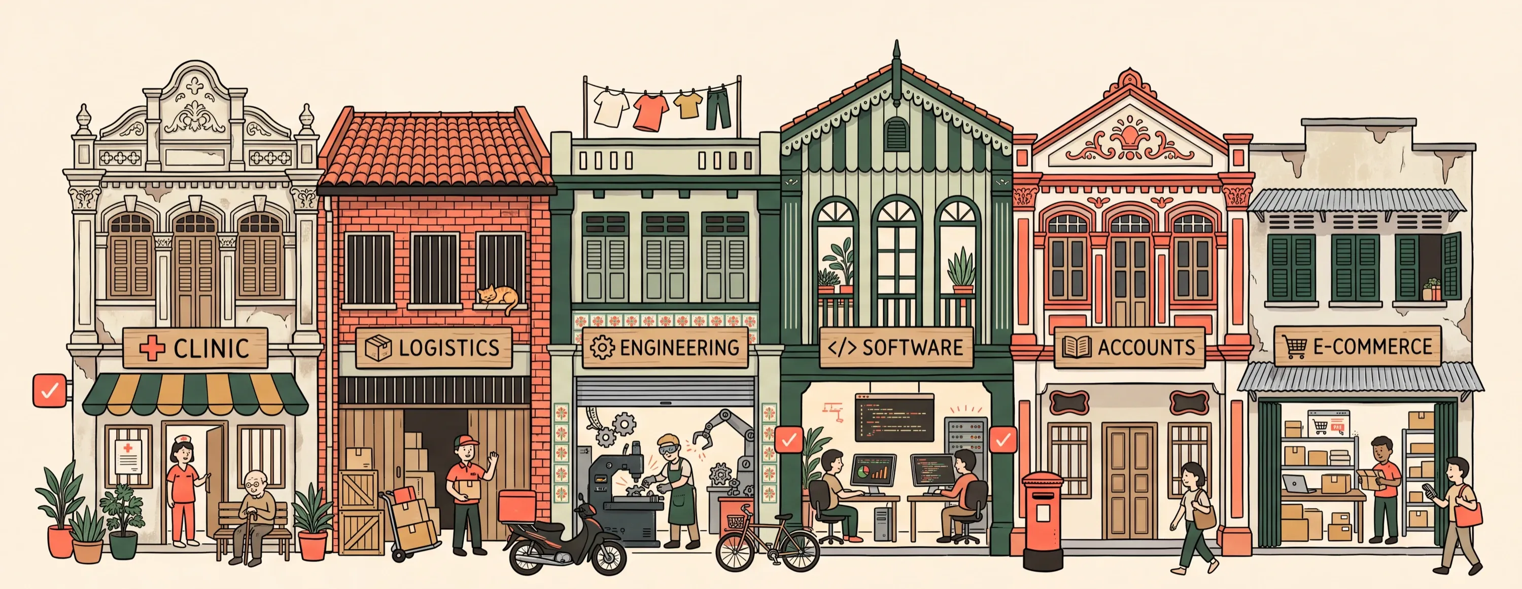 Hand-drawn row of Singapore shophouses labelled clinic, logistics, engineering, software, accounts and e-commerce: the kinds of small company that need cybersecurity certification, a few showing a small readiness tick by the door, with people going about their day